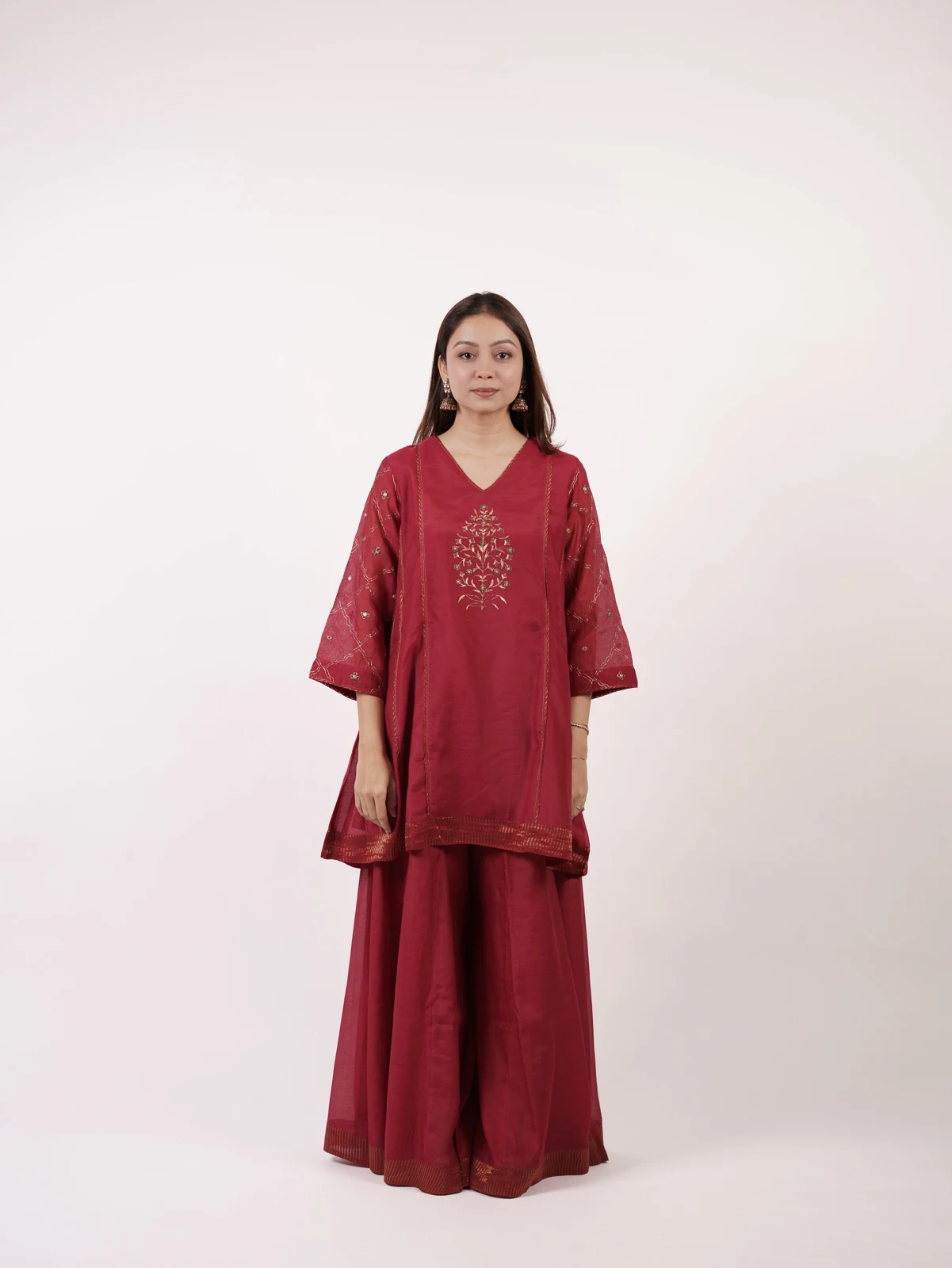 Maroon hand-embroidered Chanderi kurta and sharara by Bagh India