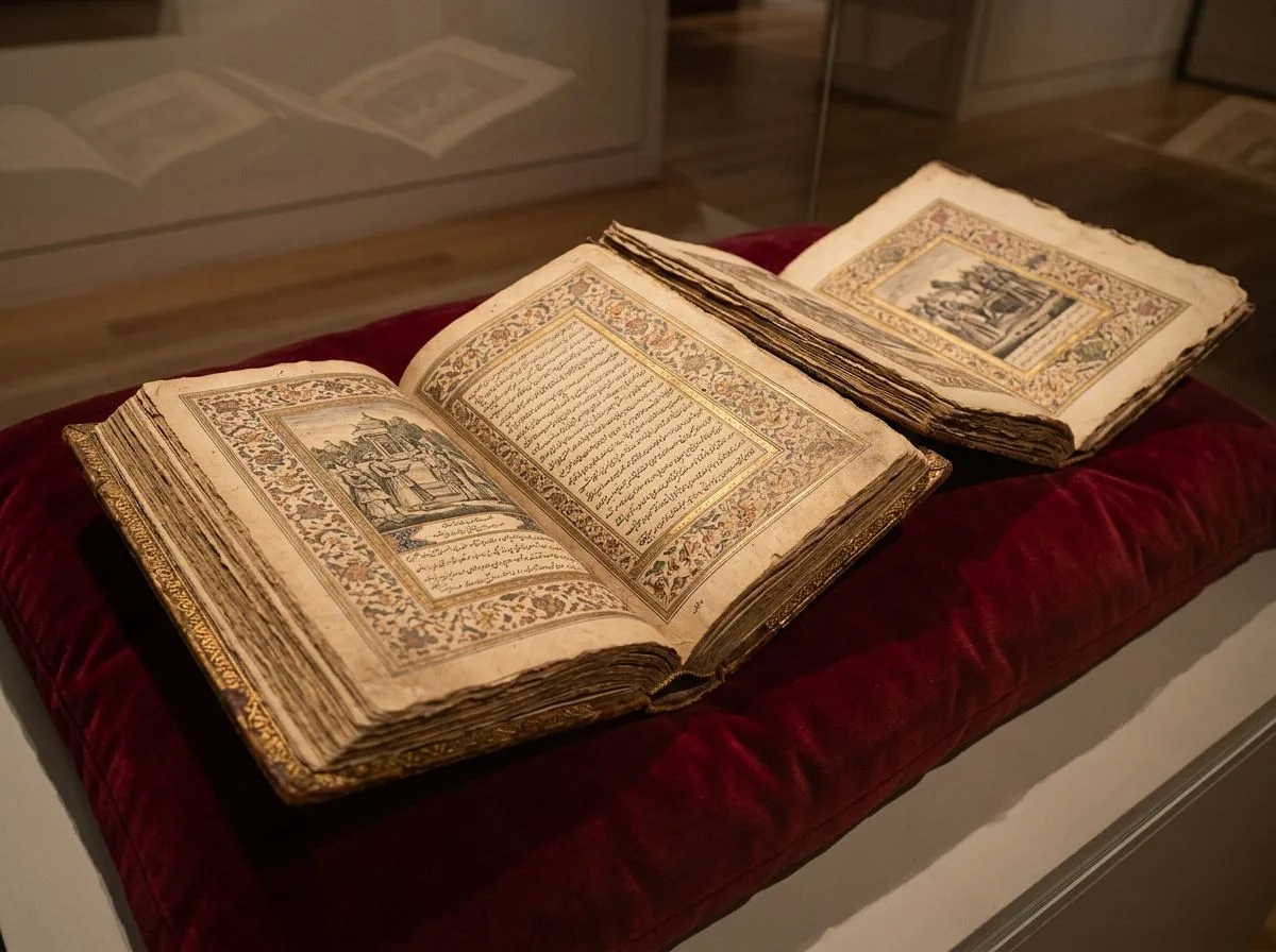 Two open illuminated books with gilt borders on a red velvet cushion in a glass case