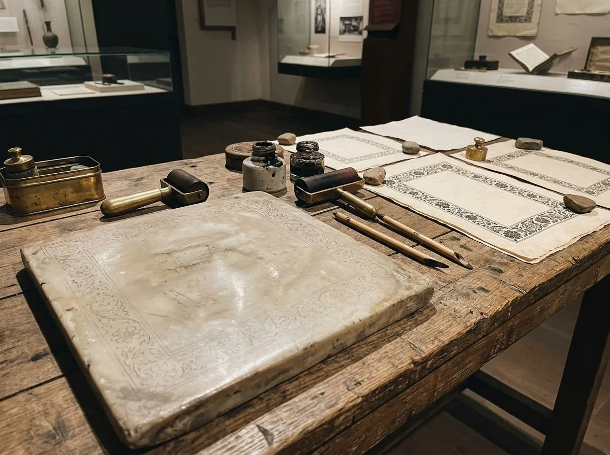 A limestone slab with a faint border, brass-handled rollers, ink pots and printed sheets on a wooden bench